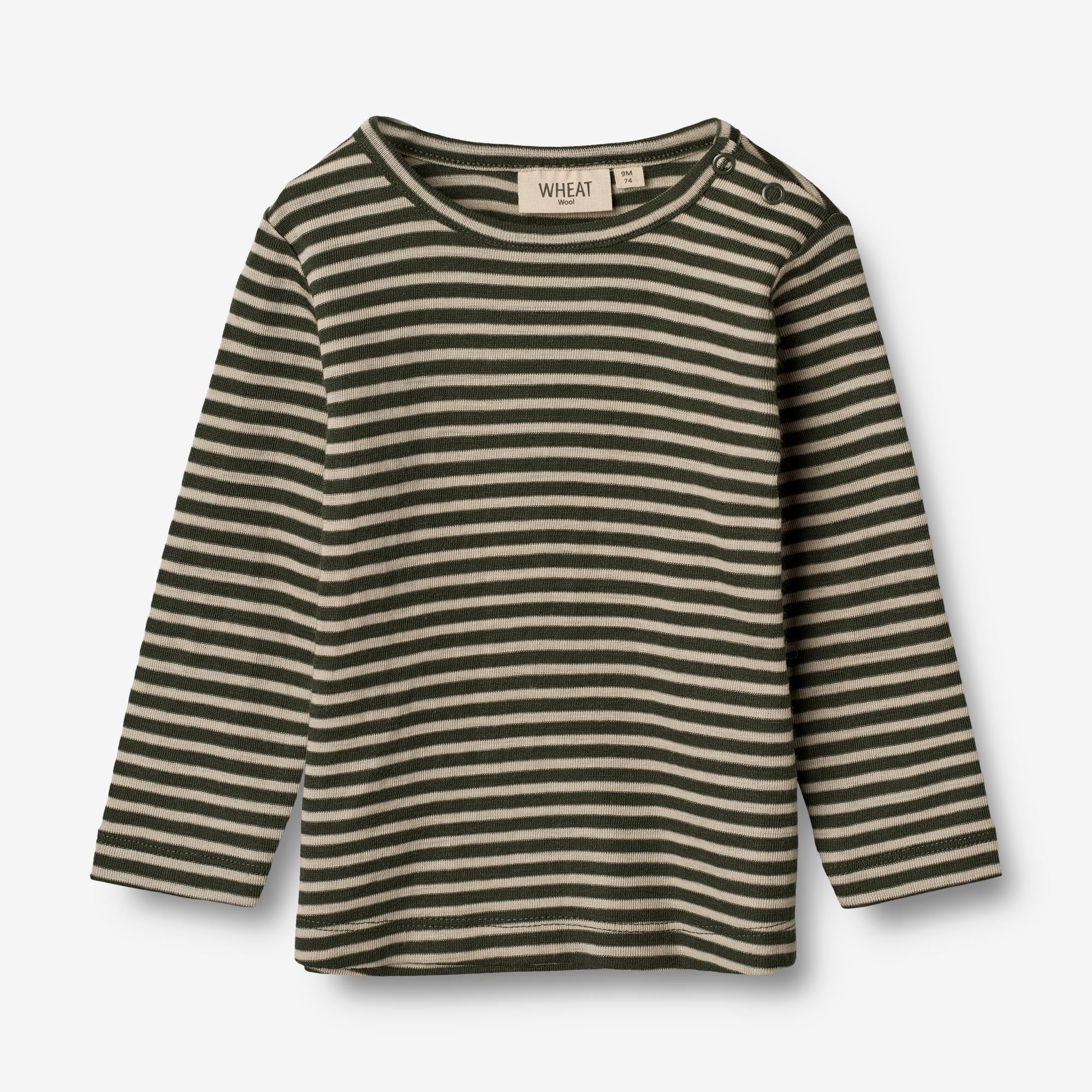 Wheat Wool  Langærmet Uld T-shirt | Baby Jersey Tops and T-Shirts 4142 green stripe
